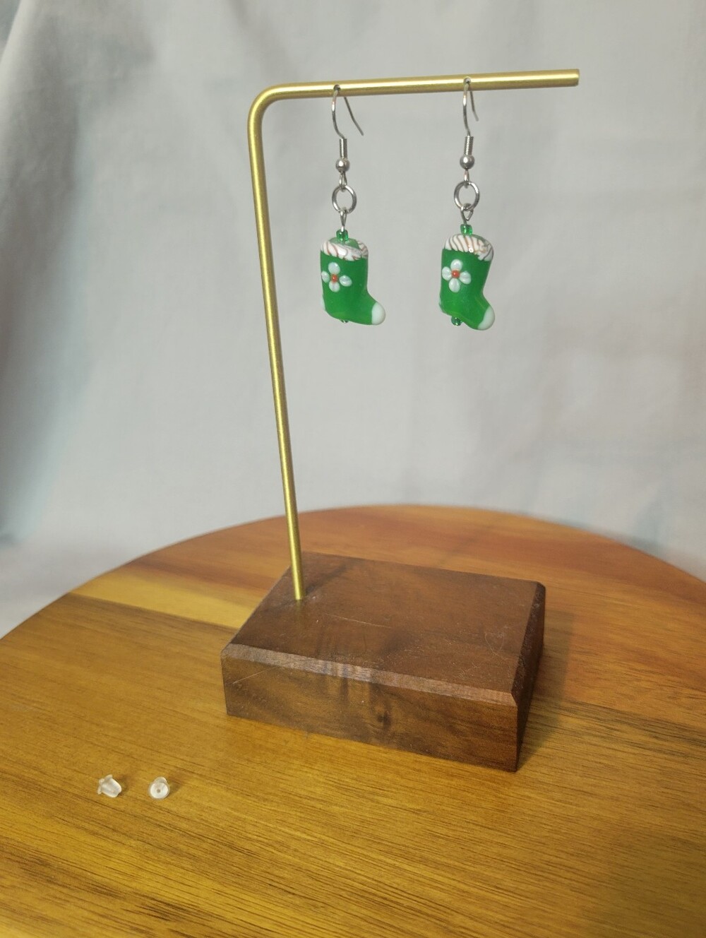 Hand Crafted Green & White Stocking Charm Earrings Glass & Stainless Steel